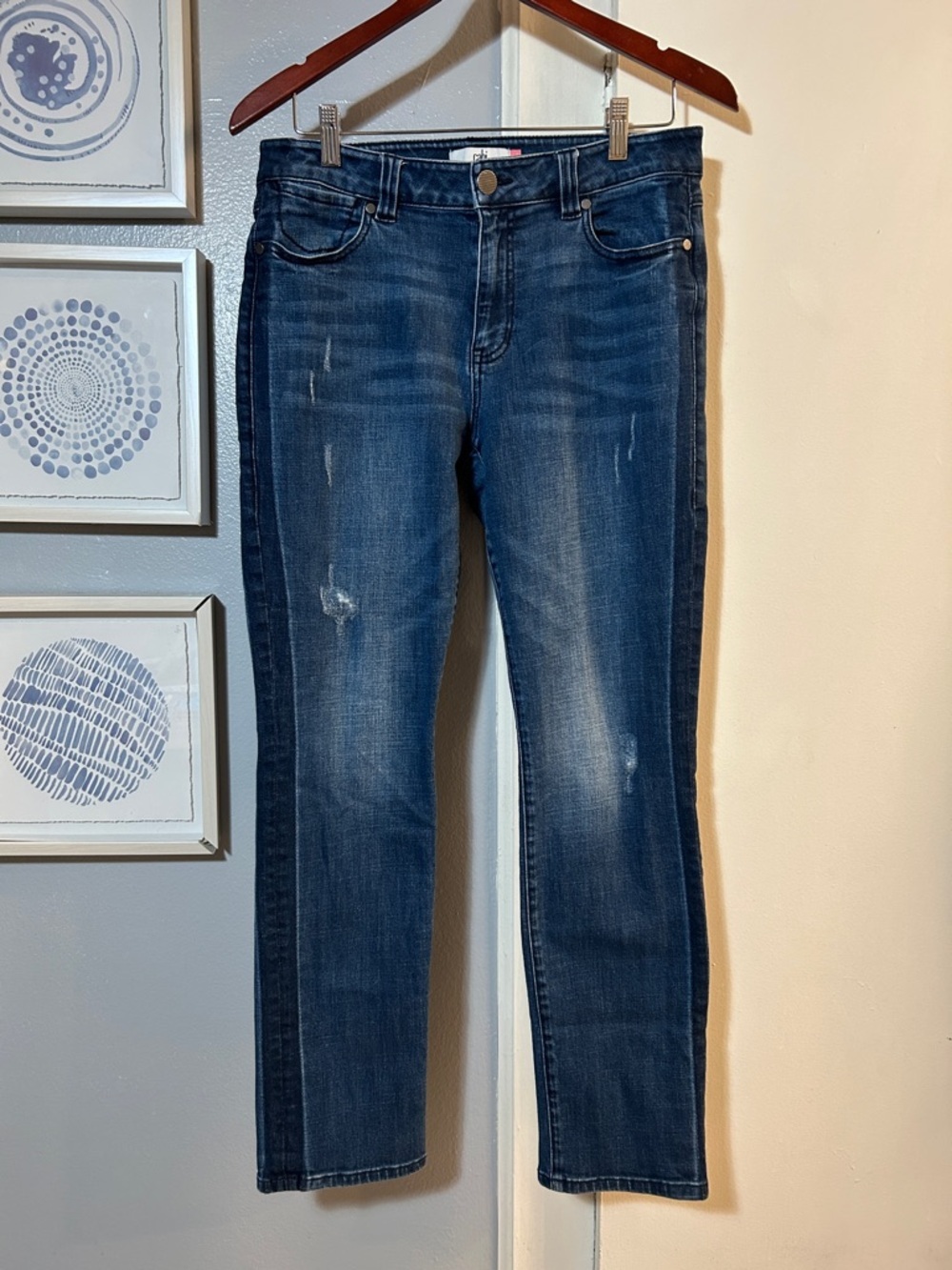 CAbi High Rise Straight Jeans Tuxedo Stripe Distressed Style 3750 Size 10
